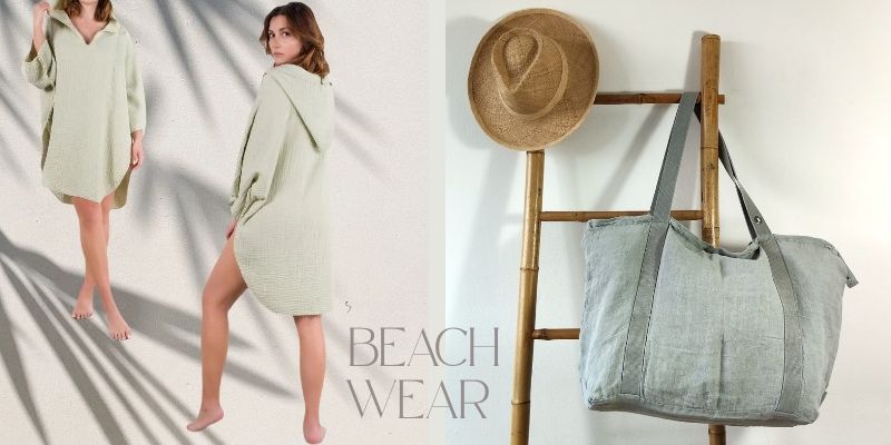 Beachwear strandkleding en linnen strandtassen, lichtgewicht kleding voor over badkleding en vakantie