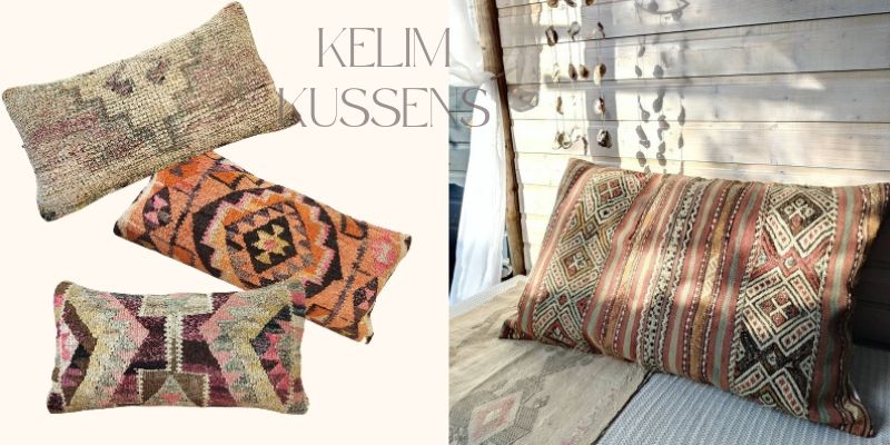 Handgemaakte kelimkussens van vintage kelims uit Turkije voor een eclectisch, boho, landelijk of Marokkaans interieur